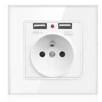 White crystal tempered glass 13A power mounted European French Wall Socket with dual USB charging